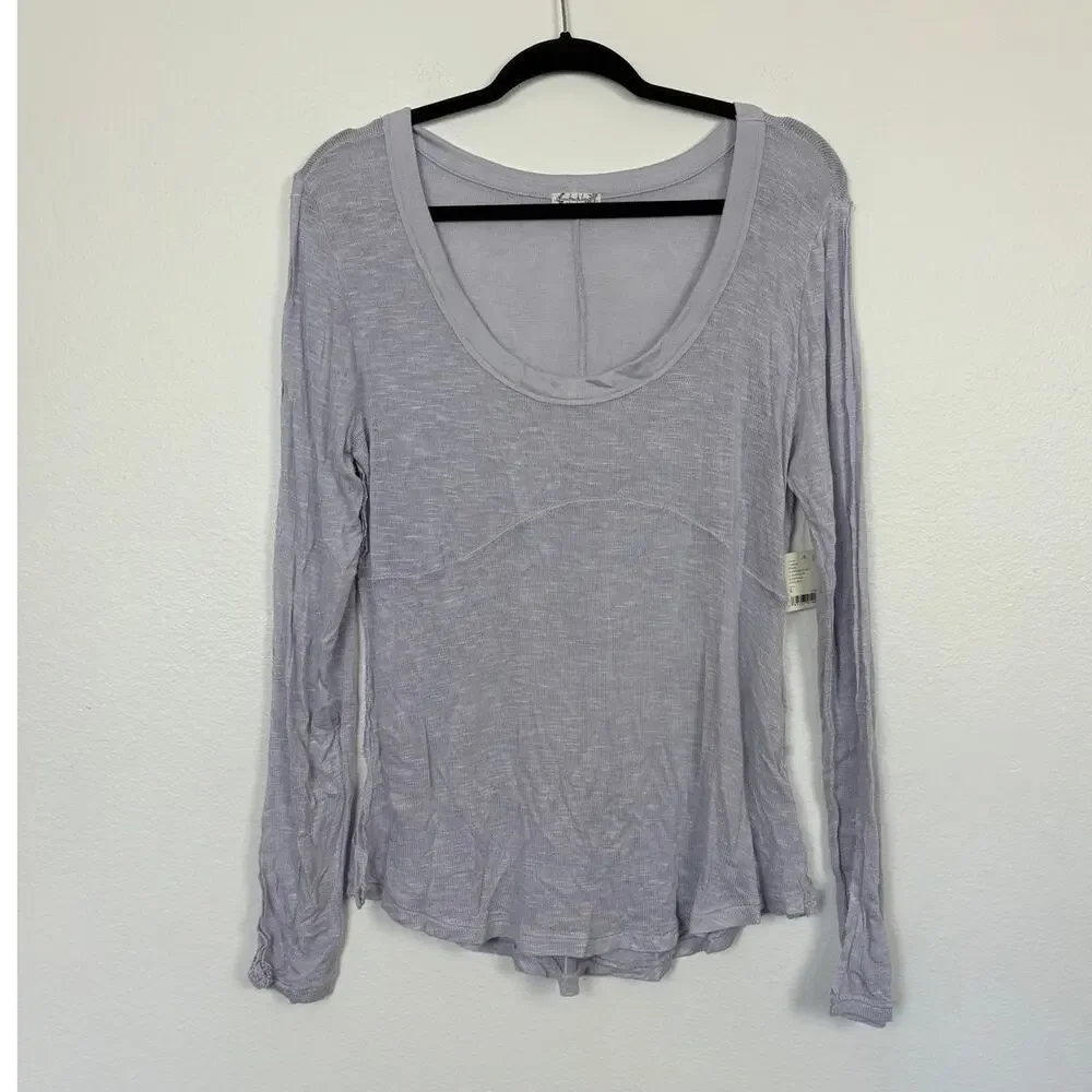 NWT Free People Intimately Free Lavender Micro Ribbed Scoop Neck Long Sleeve L